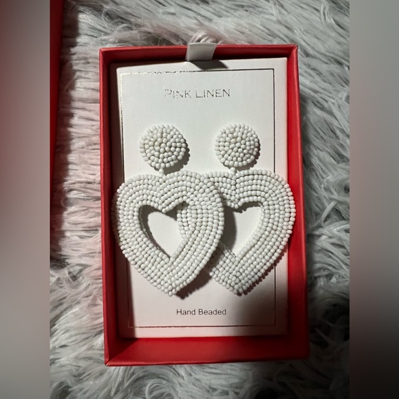 NIB • Pink Linen Hand Beaded White Heart Earrings - Picture 8 of 8